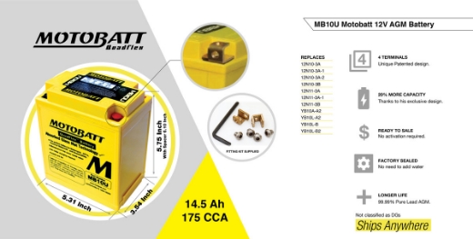 Picture of MB10U - 12VOLT 175CCA 14.5AH MOTOBATT AGM QUADFLEX BATTERY - RHP