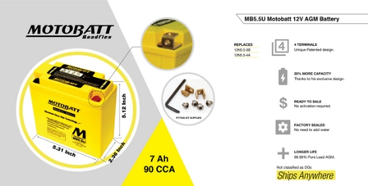 Picture of MB5.5U - 12VOLT 90CCA 7AH MOTOBATT AGM QUADFLEX BATTERY - RHP