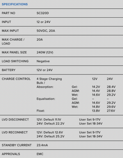 Picture of PROJECTA 20AMP 12/24V 4 STAGE AUTOMATIC SOLAR CHARGE CONTROLLER WITH REMOTE CONTROL