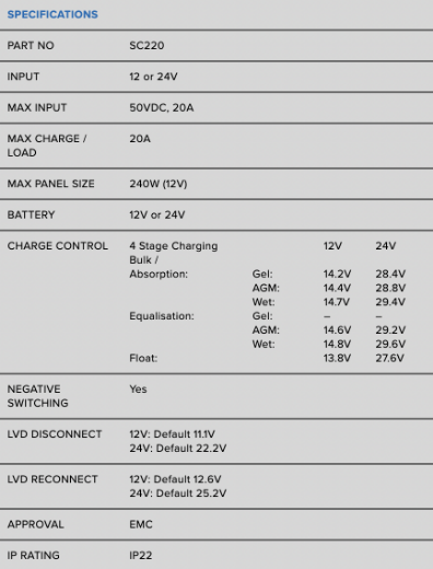 Picture of PROJECTA 20AMP 12/24V 4 STAGE AUTOMATIC SOLAR CHARGE CONTROLLER