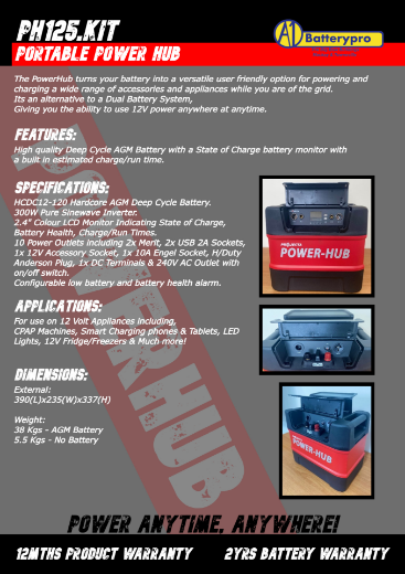 Picture of 12VOLT PORTABLE POWER HUB - INCLUDES 300W PURE SINEWAVE INVERTER AND  HCDC12-120 HARDCORE 12VOLT 120AMP HOUR DEEP CYCLE AGM BATTERY