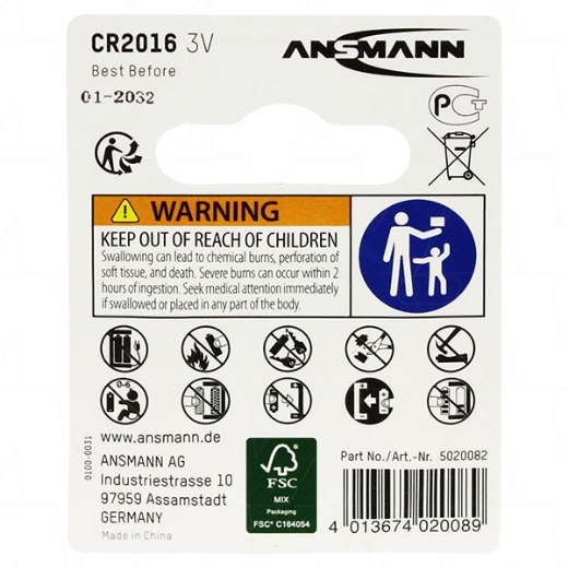 Picture of CR2016 ANSMANN 3V LITHIUM BUTTON BATTERY