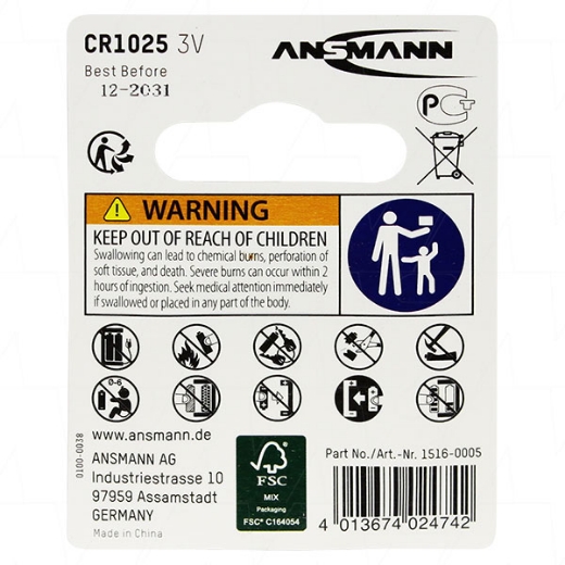 Picture of CR1025 ANSMANN 3V LITHIUM BUTTON BATTERY