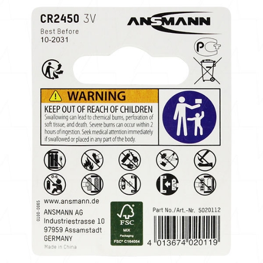 Picture of CR2450 ANSMANN 3V LITHIUM BUTTON BATTERY