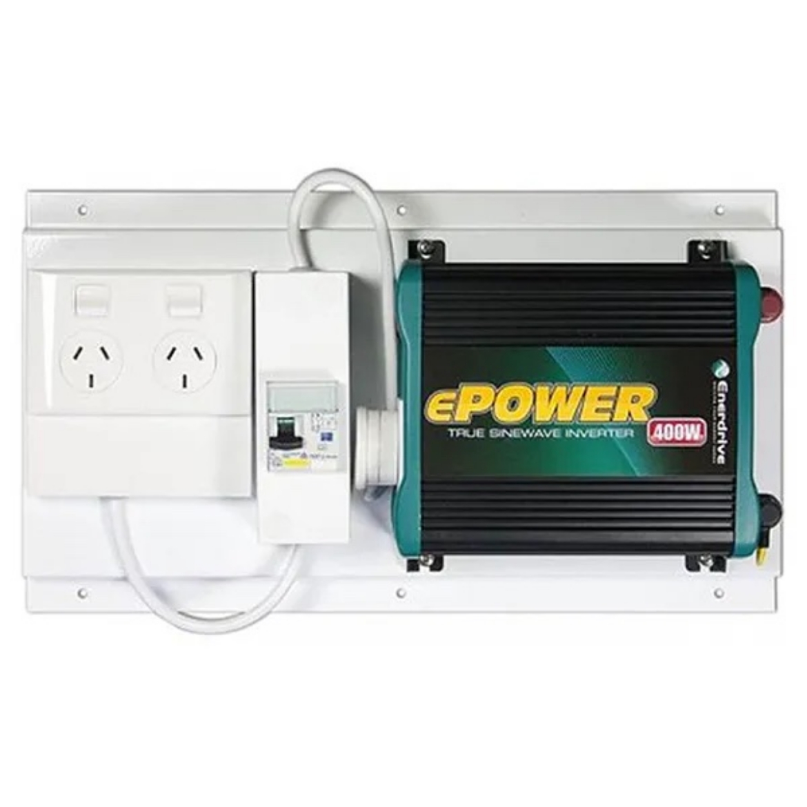 Picture of 12V 400W ENERDRIVE EPOWER PURE SINE WAVE INVERTER MOUNTED ON A BOARD WITH RCD PROTECTED GPO GEN2